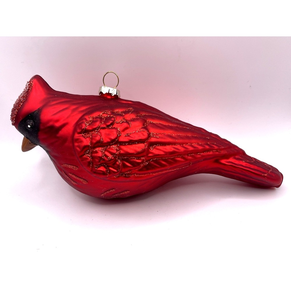 Large Red Cardinal Bird Hand Blown Glass Christmas Ornament Glitter 8"